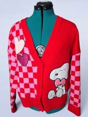 Snoopy Peanuts Valentines Day Red Checker Heart Knit Button Cardigan - Large
